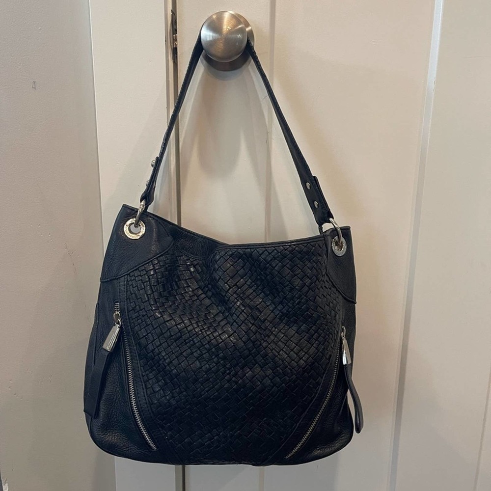 B Makowsky Large Black Leather Shoulder Bag
